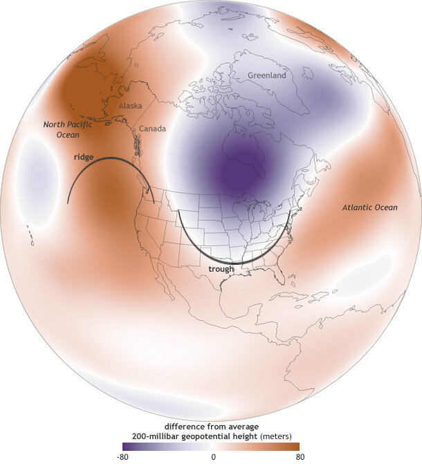 Map showing difference from average pressure at 200 millibar (mb) pressure level from November 2013-July 2014