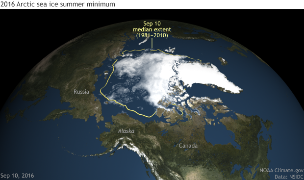 Globe of Arctic sea ice concentration on the date of the 2016 minimum extent, September 10, 2016.