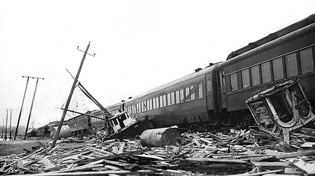 Boat debris near train