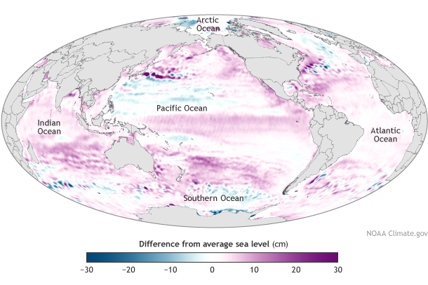 Global map of sea level in 2014 compared to the global average at the mid-point of the 1993-2013 time series.