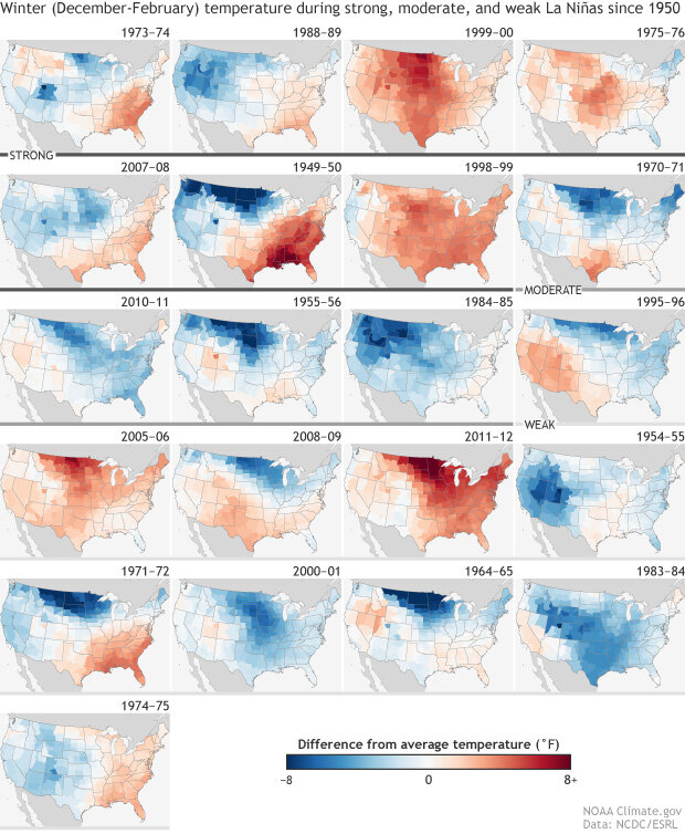 Winter temperature during strong, moderate, and weak La Ninas since 1950