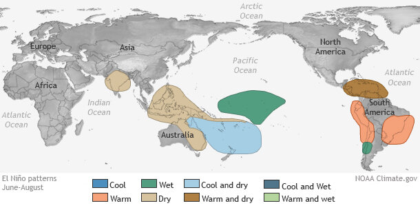 Global map of colored shapes showing temperature and precipitation impacts of El Niño in the Northern Hemisphere summer