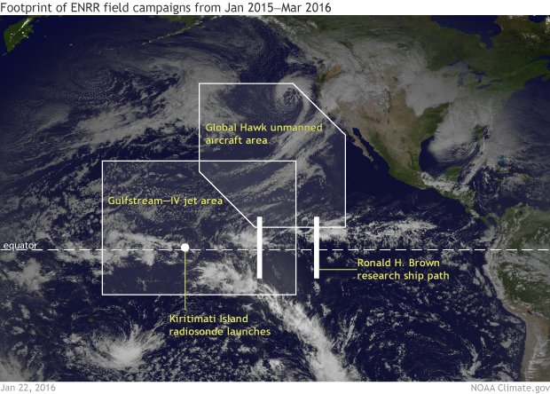 Image of areas covered by the Global Hawk, Gulfstream-IV, and the Ronald S. Brown research ship during the 2016 El Nino field campaign.