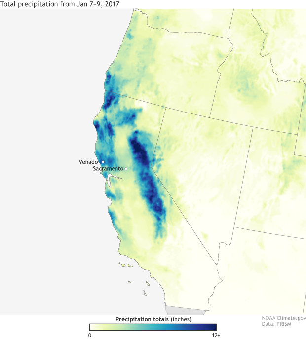 Map of California showing accumulated precipitation (inches) from January 7-9, 2017