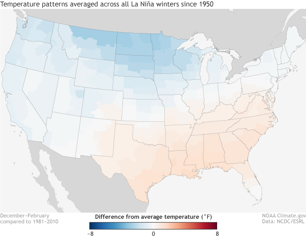 U.S. map of winter temperature anomalies averaged over all La Niña winter from 1950-2016