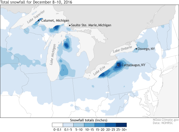 Observed snowfall, Dec 8-10, 2016