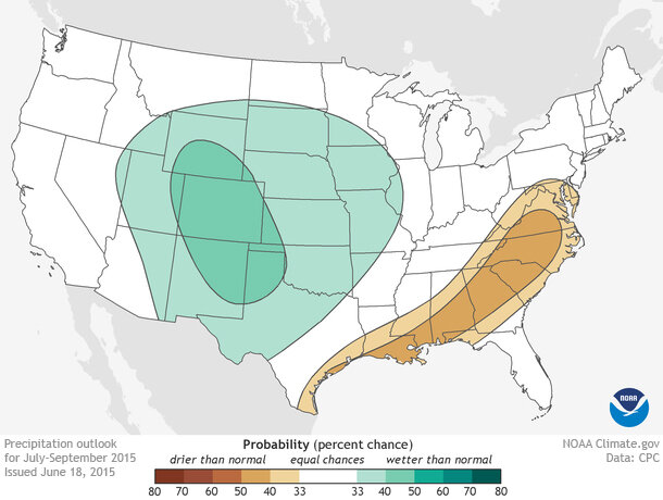 Map of contiguous United States showing the temperature outlook for Jul-Sep 2015