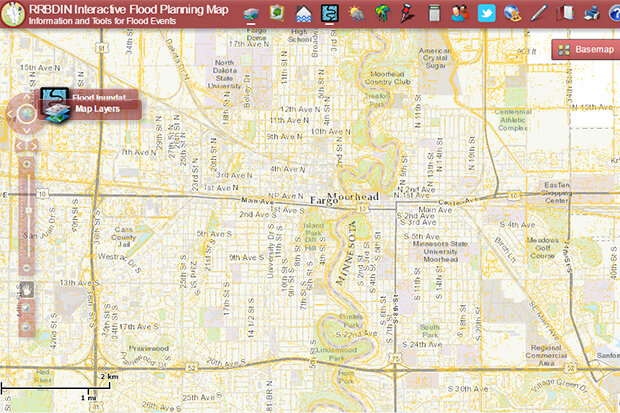 Street map of Fargo with available flood layers