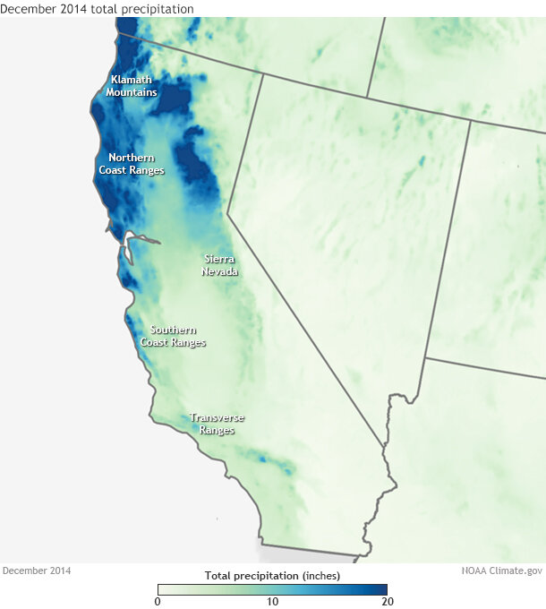 Map of California showing precipitation in December 2014 across the U.S. West