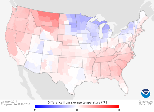 Map of U.S. temperature anomalies in January 2019