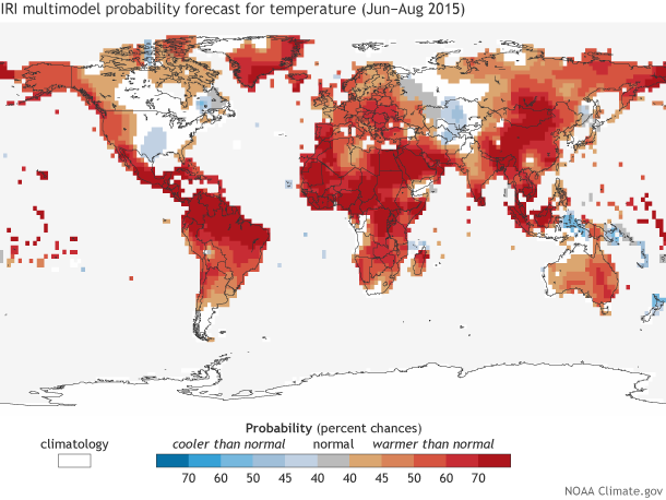 Image of the IRI outlook for seasonal average temperature for June-August 2015 issued in the third week of May.