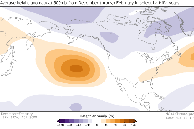 Map of pressure anomalies during select La Niña winters