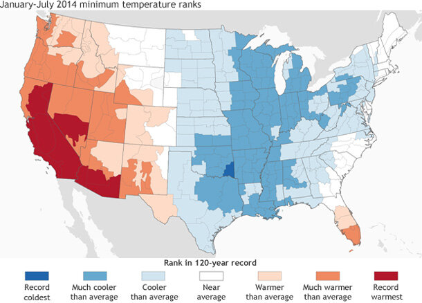 Minimum temperature ranks for January-July 2014 within the historical record (1895-2014), from record coldest (darkest blue) to record warmest (darkest red). Map adapted from analysis by National Climatic Data Center.