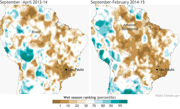 Map pair showing the 2013-2014 rainy season (September–April) and the early  part of the 2014-2015 rainy season in Brazil