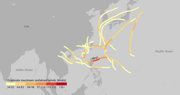 Map of hurricane tracks