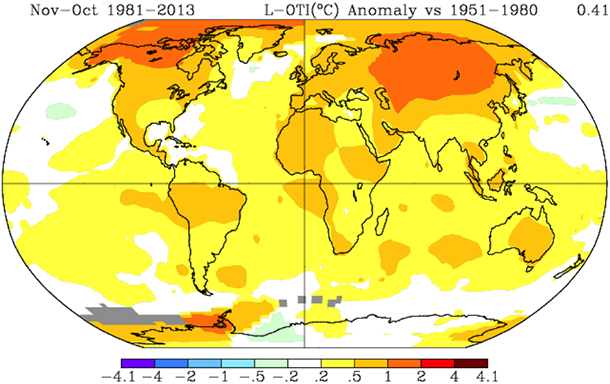 Graph of difference between the annual average temperature during 1981-2013, and that over the previous period of 1951-1980 (˚C)