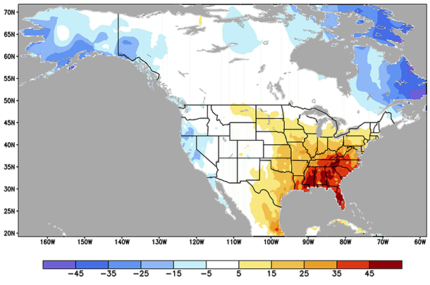 Map of temperature effect of the positive phase of the AO during the 3-month period of December-February