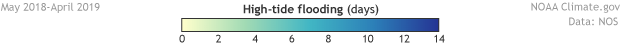 Legend for 2018 High-tide flood outlook for U.S. locations interactive map.