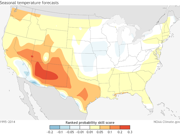 Map of contiguous United States showing skill scores for seasonal forecasts