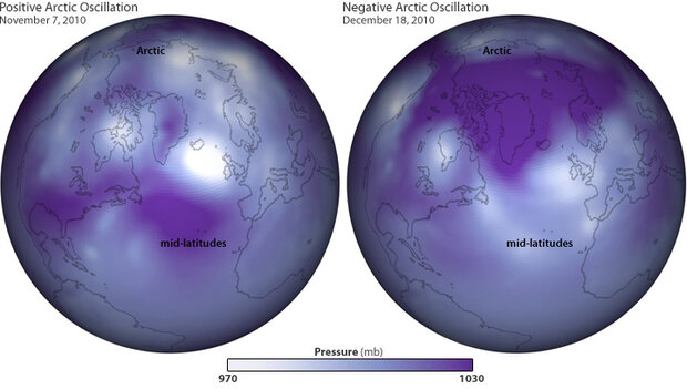 Air pressure patterns when the AO was strongly positive and strongly negative