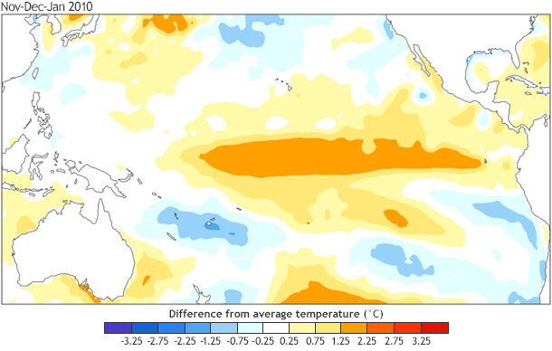 Image of sea surface temperature anomalies (departures from average) during November 2009–January 2010