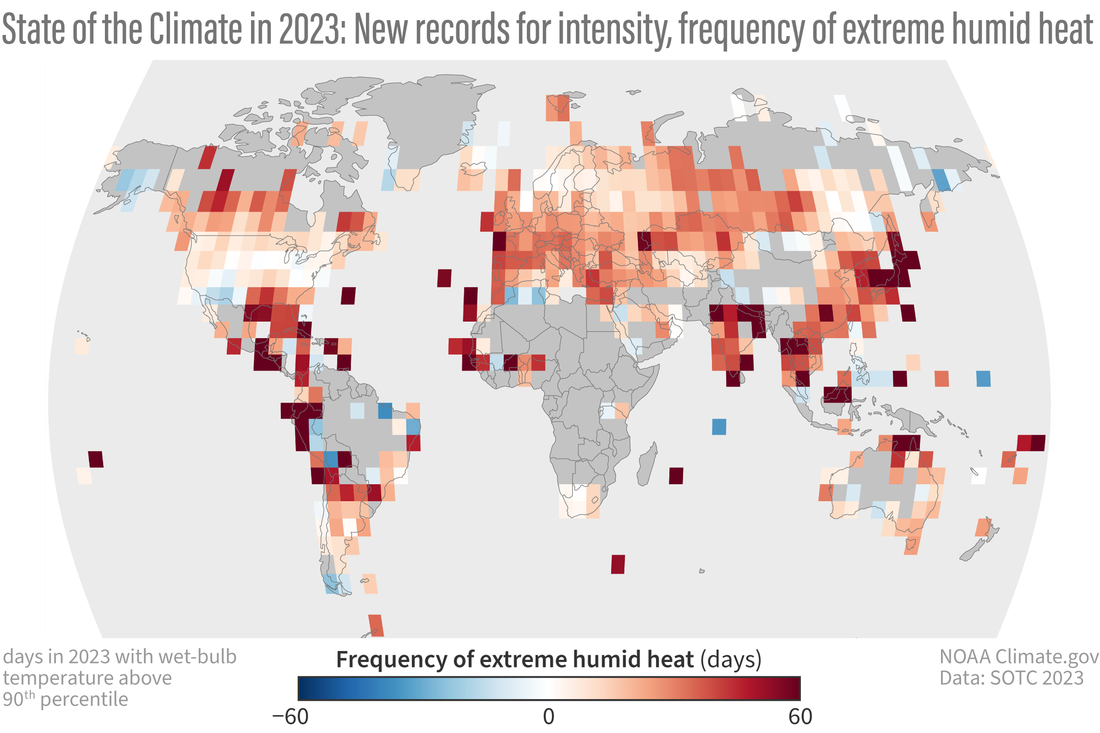 Global map of number of days of extreme humid heat in 2023 compared to average 