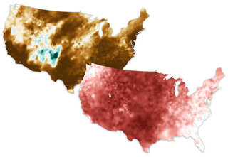 Overlapping U.S. maps of temperature and precipitation patterns in October 2024 showing extreme warmth and dryness