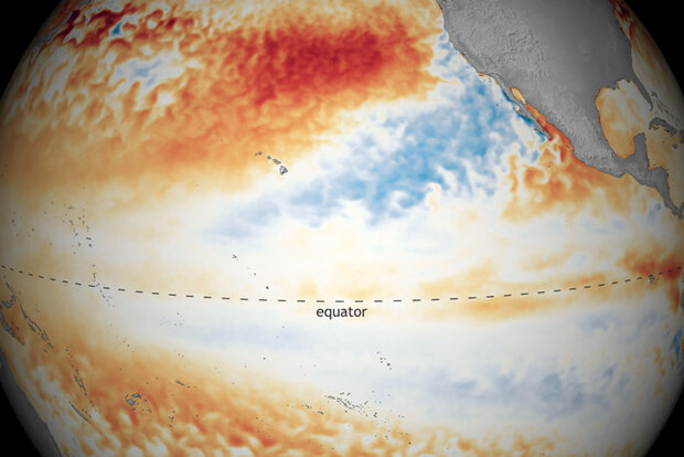 Spherical map of tropical Pacific ocean temperatures in June 2021