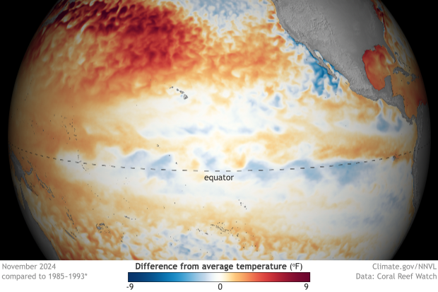 Rounded-globe map showing cool temperature anomalies in the tropical Pacific Ocean