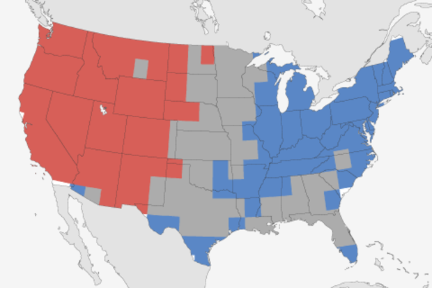 Map of observed temperature patterns across the Lower 48 U.S. States in winter 2014-15