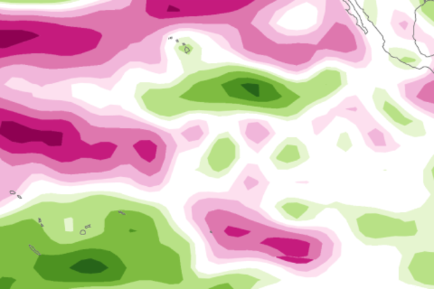 Average near surface winds in September 2016 compared to the 1982-2010 average. Pink areas along the equator in the Pacific ocean show increased trade winds.