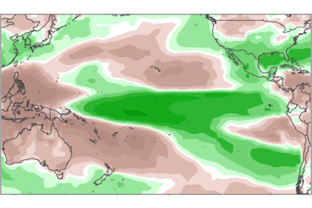 Image of observed precipitation from November 2014–January 2015, compared to the long-term average (in mm).