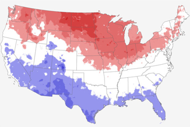 Winter temperatures (December-February) compared to the 1981-2010 average during the 6 strongest El Niño events since 1950