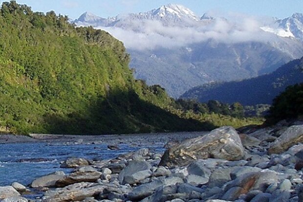 River, rocks, and mountains